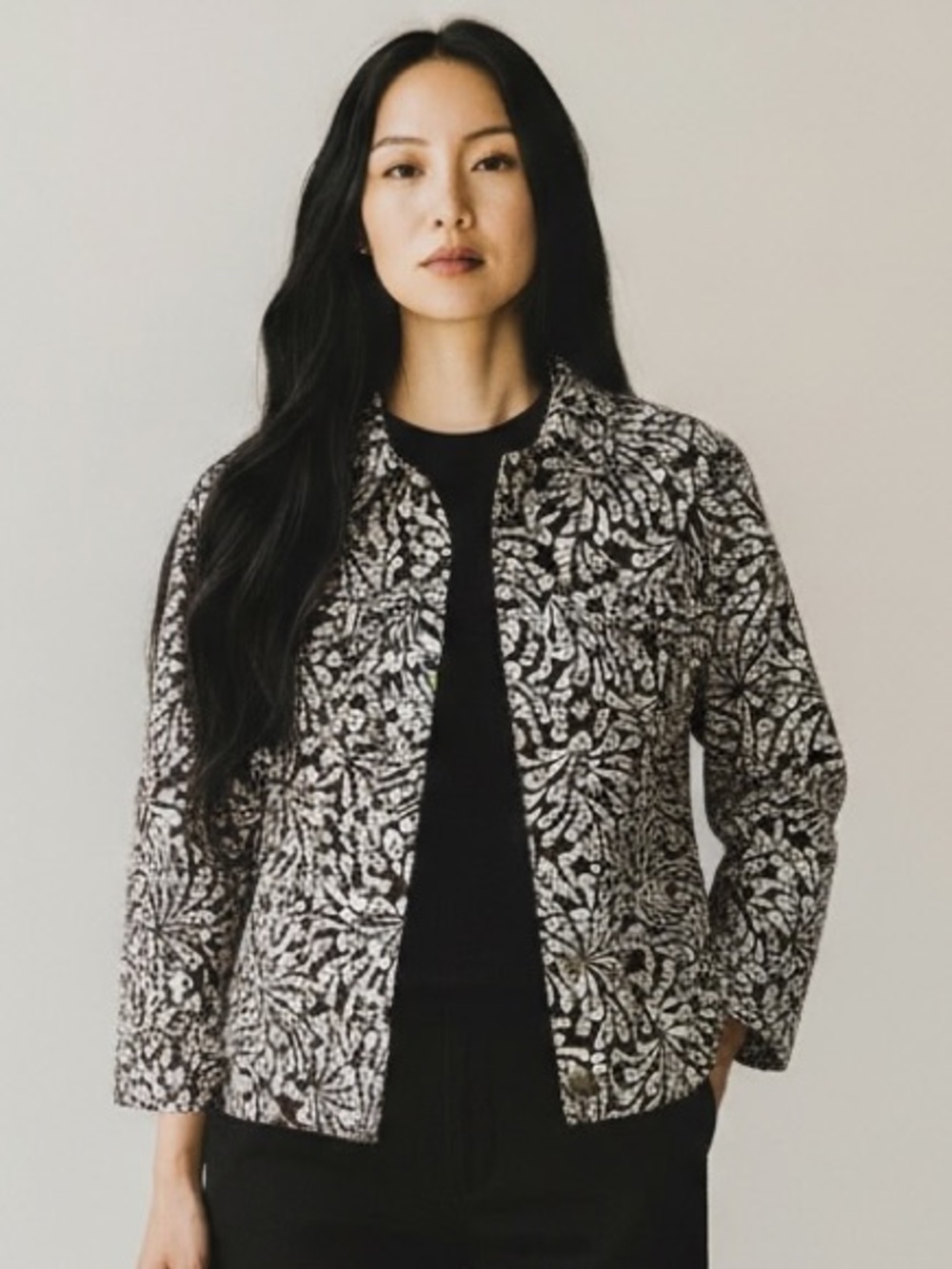 Christopher & Banks Brown and White Floral Denim Jacket